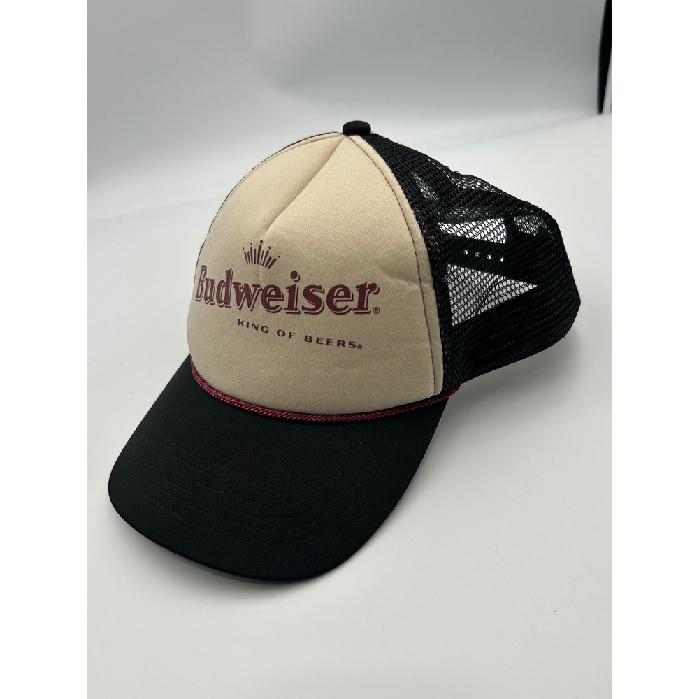 Budweiser King of Beers Trucker Hat Snapback Mesh Cap Tan Black Maroon Rope